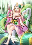  bamboo bamboo_forest bare_shoulders barefoot blonde_hair blush chinese_clothes forest green_eyes hair_rings hotpepperman kettle meimei_(p&amp;d) nature orb puzzle_&amp;_dragons snake solo turtle_shell water 