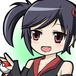  1girl absurdres black_hair brown_eyes detached_sleeves fang female furisode_girl_(pokemon) furisode_girl_kirika highres nintendo npc_trainer open_mouth poke_ball pokemon pokemon_(game) pokemon_xy sharumon smile solo twintails 