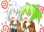  =d ahoge blush breasts duel_monster green_hair hinagiku-19 jacket long_hair lyna medium_breasts multiple_girls open_mouth ponytail ribbon short_hair silver_hair smile wynn yuu-gi-ou |_| 