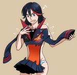  black_hair blue_eyes brown_background claptrack kill_la_kill living_clothes matoi_ryuuko multicolored_hair musical_note panties red_hair senketsu short_hair smile streaked_hair striped striped_panties two-tone_hair underwear underwear_only 