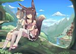  animal_ears blade_&amp;_soul brown_eyes brown_hair clog_sandals fox_ears hair_ornament hairclip in_tree kneehighs long_hair lyn_(blade_&amp;_soul) mouse_ears multiple_girls ribbon sandals shirt short_hair shorts sitting skirt sonikey0_0 tail thighhighs tree 