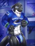  2014 5_fingers abs anthro bald balls bench biceps blue_eyes blush butt camera canucks clothed clothing english_text half-dressed happy hi_res hockey jockstrap katsuke looking_at_viewer male manly mascot muscles navel open_mouth pecs shadow sharp_teeth shiny shirt smile teeth text tongue underwear undressing whale 