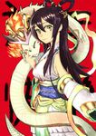  absurdres bare_shoulders brown_hair detached_sleeves dragon highres izanami_(p&amp;d) kagutsuchi_(p&amp;d) kinggainer long_hair looking_at_viewer puzzle_&amp;_dragons smile yellow_eyes 