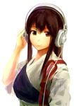  akagi_(kantai_collection) akg bad_id bad_pixiv_id blush brown_eyes brown_hair genso headphones japanese_clothes kantai_collection lips long_hair muneate smile solo 