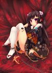  ball bangs black_hair blush chain commentary_request crossed_legs cuffs feet flower hair_flower hair_ornament japanese_clothes kimono long_hair long_sleeves looking_at_viewer original purple_eyes rose ryo sandals shackles sitting soles solo tabi temari_ball thighhighs white_legwear wide_sleeves 