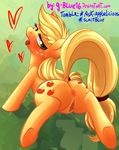  anus applejack_(mlp) blonde_hair blush butt cutie_mark equine female feral freckles friendship_is_magic fur g-blue16 green_eyes hair horse long_hair looking_back mammal my_little_pony open_mouth orange_fur pony presenting presenting_hindquarters pussy raised_tail solo sweat tongue 