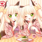  animal_ears bad_id bad_pixiv_id blonde_hair bow cake cup eating fang food fox_ears green_eyes hair_bow hanakomiti heart japanese_clothes kimono multicolored_hair multiple_girls one_eye_closed open_mouth original siblings sisters sitting spoken_heart striped striped_background sweets teacup twins two-tone_hair vertical-striped_background vertical_stripes 