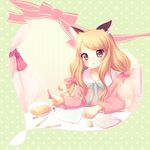  animal_ears blonde_hair bow brown_eyes crayon curtains desk fox_ears green_background hair_bow hanakomiti heart heart_background letter long_hair mechanical_pencil original paper pencil ribbon semi-transparent sitting solo tied_hair 