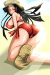  amazon ass back_tattoo bad_id bad_pixiv_id bikini black_hair blush boa_hancock breasts cameltoe earrings from_behind hat jagi_(nexboy) jewelry large_breasts long_hair one_piece red_bikini sandals side-tie_bikini sideboob slave_tattoo snake_earrings solo strap_gap straw_hat sunlight swimsuit tattoo 