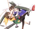  archery arrow black_hair black_legwear blush bow_(weapon) brown_eyes brown_hair flight_deck gloves hiryuu_(kantai_collection) japanese_clothes kaga_(kantai_collection) kantai_collection kyuudou multiple_girls muneate nisehoya open_mouth partly_fingerless_gloves quiver short_hair side_ponytail single_glove skirt thighhighs translation_request twintails weapon yugake 