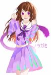  :d brown_hair grin highres iki_hiyori long_hair mori_(star842569) noragami open_mouth purple_eyes school_uniform serafuku smile tail 