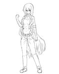  abs belt breasts casual contemporary cropped_jacket greyscale highres kongari_tokei large_breasts leotard long_hair m.u.g.e.n monochrome open_fly original pants scar sendai_hakurei_no_miko shoes smile solo touhou unzipped very_long_hair 