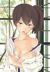  blush breasts brown_hair cleavage highres japanese_clothes kaga_(kantai_collection) kantai_collection large_breasts looking_at_viewer off_shoulder open_mouth short_hair side_ponytail solo wa_(genryusui) yellow_eyes 