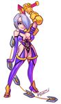  boots breasts chibi choker covered_navel elbow_gloves gauntlets gloves hair_over_one_eye isabella_valentine large_breasts leotard mismatched_gloves purple_eyes purple_gloves purple_legwear revealing_clothes robert_porter short_hair silver_hair smile solo soulcalibur thigh_boots thighhighs weapon whip_sword 
