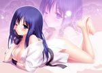  ;3 bare_shoulders barefoot black_gloves blue_eyes blue_hair blush bottomless breasts cleavage fingerless_gloves gloves hand_on_own_cheek kurusugawa_ayaka large_breasts long_hair looking_at_viewer lying naked_shirt off_shoulder on_stomach one_eye_closed open_clothes purple_eyes purple_hair shirt sleeves_rolled_up smile solo to_heart zen zoom_layer 