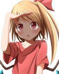  blonde_hair bow flandre_scarlet hair_bow hand_over_face kuroganeruto open_mouth oversized_clothes red_eyes red_shirt shirt side_ponytail solo touhou white_background wings 