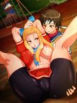  2girls absurdres anus areolae arms_up ass ass_grab bike_shorts black_eyes black_hair blonde_hair blush breasts brown_eyes capcom censored covered_nipples drill_hair erect_nipples hair_ribbon headband highres kanzuki_karin kasugano_sakura large_breasts legs legs_up long_hair multiple_girls nipples no_bra open_mouth ribbon school_uniform shiny shirt_lift short_hair sitting skirt smile street_fighter street_fighter_zero street_fighter_zero_2 street_fighter_zero_3 sweat thighs tsuikatto_natte_yatta wince yuri 