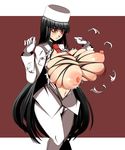  1girl alucard_(hellsing) areolae black_hair blush breasts breasts_outside bursting_breasts erect_nipples female gigantic_breasts girlycard gloves hat hellsing highres hikora long_hair navel necktie nipples open_clothes puffy_nipples red_eyes shiny shiny_skin smile standing torn_clothes very_long_hair 