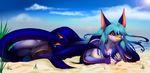  beach blue_hair breasts female fish hair ligax looking_at_viewer marine nude pinup pose red_eyes seaside shark solo thick_tail 