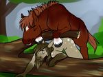  anthro_on_feral bestiality brown_fur brown_hair duo equine eris eyes_closed female feral from_behind fur hair hooves horse interspecies log male mammal marefurryfan nude rainstorm sarcy straight surprise wood 