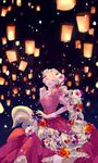  big_hair blonde_hair braid closed_eyes dress flower hair_flower hair_ornament highres kako1888 laces lips long_hair puffy_sleeves rapunzel_(disney) sky_lantern tangled too_many_flowers very_long_hair 