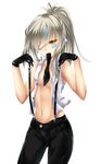  black_pants elsword eve_(elsword) facial_mark fi-san gloves highres long_hair mouth_hold pants solo suspenders transparent_background white_hair yellow_eyes 