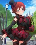  :/ bag blush brown_hair cloud day detached_sleeves handbag hat idolmaster idolmaster_million_live! julia_(idolmaster) looking_at_viewer official_art plaid short_hair skirt sky top_hat tree 