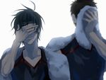  a-tsuki bad_id bad_pixiv_id banned_artist black_hair bloom blurry commentary covering_eyes covering_face crying depth_of_field eyewear_on_head imayoshi_shouichi kuroko_no_basuke male_focus multiple_boys spoilers sportswear susa_yoshinori tears towel 