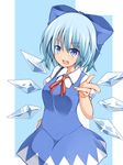  blue_dress blue_eyes blue_hair bow breasts cirno dress fang garasuita hair_bow ice ice_wings looking_at_viewer medium_breasts open_mouth shirt short_hair smile solo touhou wings 