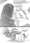  1girl bed comic eien_no_zero gloves goggles goggles_on_headwear greyscale holding_hands husband_and_wife miyabe_kyuuzou miyabe_matsuno monochrome narayamanta old silent_comic 