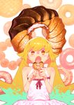  angel_french bare_shoulders blonde_hair chocolate chomoran doughnut dress eating fangs food french_cruller long_hair mister_donut monogatari_(series) open_mouth oshino_shinobu pon_de_ring solo yellow_eyes 