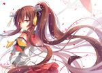  bare_shoulders brown_hair ceru cherry_blossoms detached_sleeves flower hair_flower hair_ornament kantai_collection long_hair looking_at_viewer oriental_umbrella ponytail red_eyes solo umbrella very_long_hair yamato_(kantai_collection) 