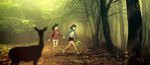  ahoge animal bad_id bad_pixiv_id black_eyes black_hair deer forest hairband highres holding_hands hood hoodie jacket multiple_girls nature original path road shoes short_hair shorts signature silhouette smile sneakers thomas_hewitt track_jacket tree watering_can 