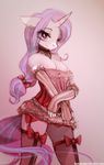  &lt;3 anthro bedroom_eyes blue_hair bow breasts cleavage clothed clothing corset cutie_mark elbow_gloves equine female foxinshadow friendship_is_magic gloves hair horn horse legwear looking_at_viewer mammal my_little_pony necklace original_character pony ponytail purple_eyes purple_hair solo standing stockings two_tone_hair unicorn zero-sum 