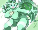  anthro big_breasts blue_eyes breasts chest_tuft day-t dragon female fur green_fur japanese_text nude open_mouth plain_background solo teeth text tongue translation_request tuft wings 