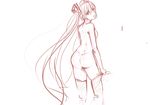  ass back breasts hatsune_miku highres long_hair medium_breasts monochrome nude panties_(pantsu-pirate) sideboob sketch solo thighhighs thighhighs_pull twintails very_long_hair vocaloid 