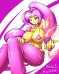  anthro big_breasts blue_eyes breasts clothing day-t elbow_gloves female gloves hair human humanized japanese_text long_hair looking_at_viewer mammal musharna navel nintendo pink_hair plain_background pok&#233;mon pok&eacute;mon solo text translation_request video_games yellow_body 