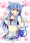  animal_ears blue_hair blush cat_ears cat_paws cat_tail collarbone fang frills headdress hinanawi_tenshi kuzumomo long_hair maid_headdress navel paws red_eyes solo tail thighhighs thighs touhou white_legwear wrist_cuffs 