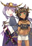  animal_ears armband badominton bastet_(p&amp;d) black_hair cat_ears dark_skin green_eyes hakama haori japanese_clothes katana long_hair midriff multiple_girls navel purple_eyes purple_hair purple_hakama puzzle_&amp;_dragons scabbard sheath simple_background strapless sword tubetop twintails very_long_hair weapon white_background yomi_(p&amp;d) 