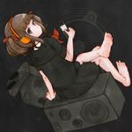  barefoot brown_eyes brown_hair cable crossed_legs digital_media_player feet hair_ribbon ipod listening_to_music looking_back original ribbon sarmar school_uniform serafuku short_hair sitting sitting_on_object skirt soles speaker toes two_side_up 