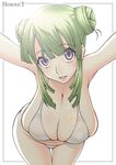  1girl bikini blush breasts curvy double_bun green_hair hanging_breasts highres hornet_(artist) huge_breasts legs long_hair looking_at_viewer open_mouth original purple_eyes simple_background smile solo swimsuit thighs white_background 