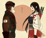  1girl akagi_(kantai_collection) arrow blood brown_hair crossover eien_no_zero flag_background gloves goggles jacket japan japanese_clothes japanese_flag kantai_collection long_hair makiya1013 miyabe_kyuuzou muneate pilot translated 