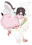  animal_ears black_hair bunny bunny_ears dress highres inaba_tewi looking_back ngayope one_eye_closed red_eyes shark short_hair smile solo touhou 