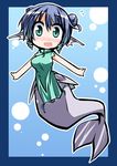 alternate_costume blue_hair blush chibi china_dress chinese_clothes dress green_eyes head_fins hemogurobin_a1c mermaid monster_girl open_mouth short_hair smile solo touhou wakasagihime 