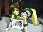  1girl 4boys all_fours artist_request ass bangs bishoujo_senshi_sailor_moon blush bottomless brown_hair choker circlet defeated earrings elbow_gloves gloves humiliation jewelry kino_makoto long_hair magical_girl multiple_boys no_panties on_floor parted_bangs ponytail public sailor_jupiter shadow sign skirt tare-katsu tears torn_clothes translated translation_request uniform 