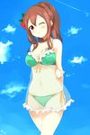  bad_id bad_pixiv_id bikini brown_eyes brown_hair camisole flower hair_flower hair_ornament hibiscus long_hair one_eye_closed original ponytail see-through solo swimsuit yukiguni_yuu 