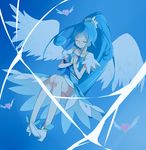  angel_wings asymmetrical_clothes blue_hair blue_skirt boots buts_(11067) choker closed_eyes crystal_earrings cure_diamond curly_hair dokidoki!_precure earrings hair_ornament happy heart high_heels highres hishikawa_rikka ice jewelry long_hair magical_girl ponytail precure skirt smile solo wings 