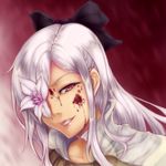  bad_id bad_pixiv_id blood blood_on_face bow drag-on_dragoon drag-on_dragoon_3 face flower flower_eyepatch grin hair_bow hair_over_one_eye karei_(zeroseed) lipstick long_hair makeup popped_collar red_eyes smile solo white_hair zero_(drag-on_dragoon) 