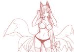  ahri animal_ears bra breasts cleavage fox_ears fox_tail highres large_breasts league_of_legends long_hair monochrome multiple_tails panties panties_(pantsu-pirate) sketch solo strap_pull tail thighhighs underwear underwear_only whisker_markings 