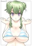  1girl bare_shoulders bikini blush breast_squeeze breasts curvy double_bun green_hair highres hornet_(artist) huge_breasts long_hair looking_at_viewer original purple_eyes simple_background solo standing swimsuit white_background 